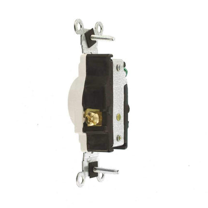 Leviton 5801-W, Prise simple à corps étroit, 20 A, 125 V, droite, qualité commerciale, avec mise à la terre, blanc