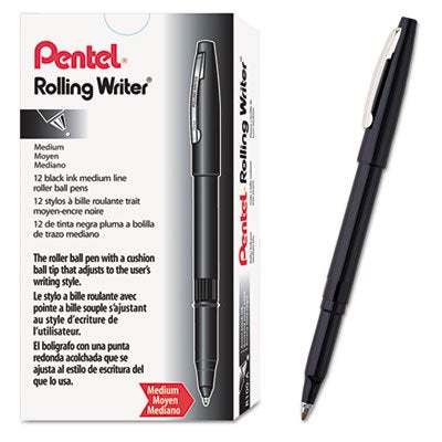 Pentel Rolling Writer Pen, 0.8 Millimeter Cushion Ball Tip, Black Ink, 12 pens (R100-A)