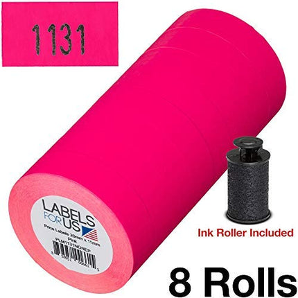 Labels for Monarch 1131 Labeler - Pink - 20,000 Labels - Pack with 8 Rolls - Ink Roller Included - Made and Delivered by Labels for Us