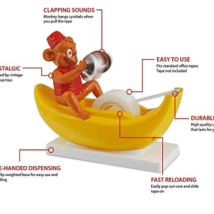 Amazeko Clapping Monkey Tape Dispenser with Cymbals, Fun Animal Desk Decor, 1 in Core, Non-Slip Weighted Banana