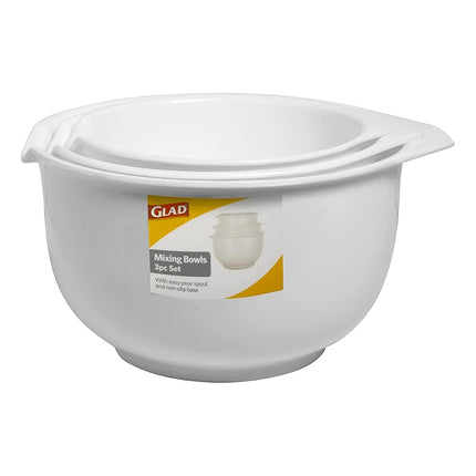 Glad Mixing Bowls with Pour Spout, Set of 3 | Nesting Design Saves Space | Non-Slip, BPA Free, Dishwasher Safe Plastic | Kitchen Cooking and Baking Supplies, White