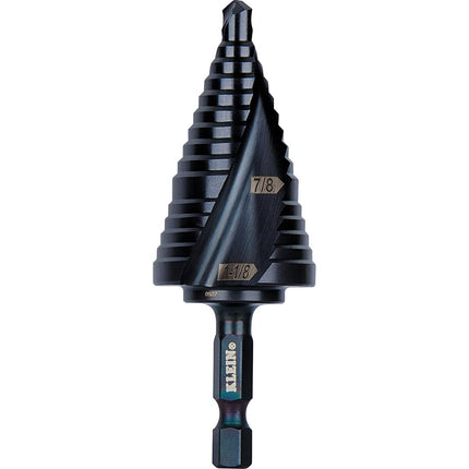 Klein Tools QRST11 Step Drill Bit, Quick Release Spiral Double-Fluted, 7/8 to 1-1/8-Inch, Hex Shank, Cut Steel, Wood, Plastic, Aluminum