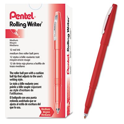 Pentel Rolling Writer Stick Roller Ball Pen, Medium Point, 0.40 mm, Red Barrel, Red Ink 12-Count (R100-B)