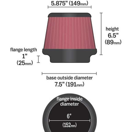 K&N Universal Clamp-On Air Filter: High Performance, Premium, Washable, Replacement Engine Filter: Flange Diameter: 6 In, Filter Height: 6.5 In, Flange Length: 1 In, Shape: Round Tapered, RU-1014