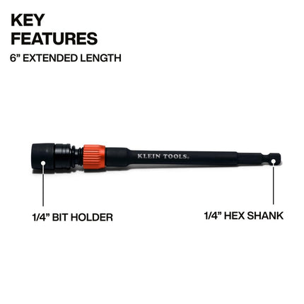 Klein Tools 31088 6-Inch Dual-Lock Extension, 1/4-Inch Hex Shank Impact Bit Holder, Quick-Release Locking Mechanism with Secondary Twist Lock, Compatible with Impact Drivers and Drills