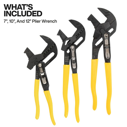 Klein Tools D53003KIT Plier Wrench Set, 3-Piece High-Leverage Pliers, Adjustable, Reversible Jaw, Smooth and Knurled Teeth, 7-Inch 10-Inch and 12-Inch