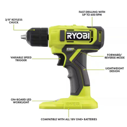 Juego de taladro RYOBI 18V ONE+ con taladro/atornillador, batería de 1.5 Ah, cargador, juego de 40 brocas, bolsa de herramientas