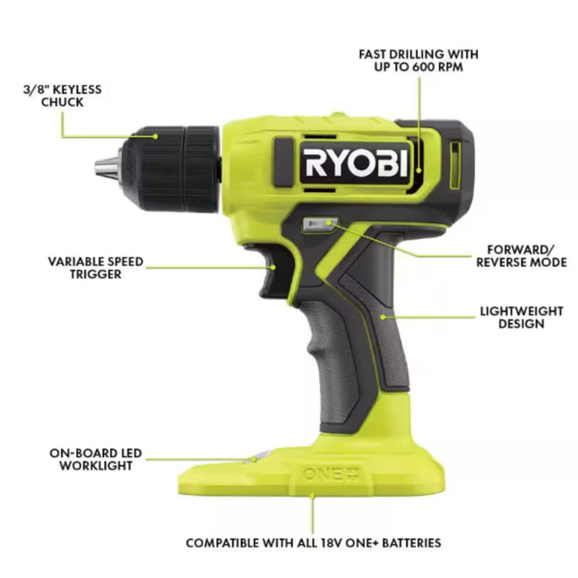 RYOBI 18V ONE+ Drill Set Bundle with Drill/Driver, 1.5 Ah Battery, Charger, 40 Piece Drill Bits, Tool Bag