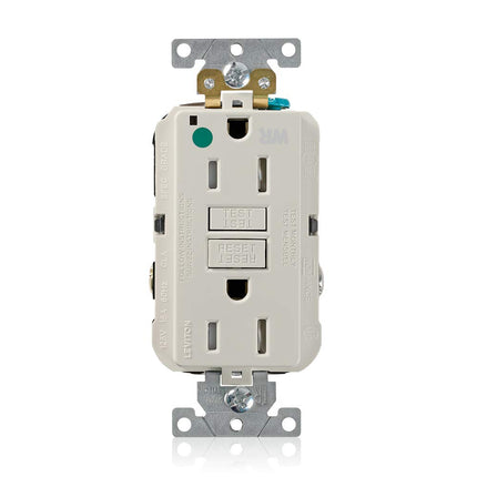 Leviton GFWT1-HGT Receptáculo GFCI de dúplex de grado hospitalario de servicio extrapesado de 15 A-125 V, resistente a manipulaciones/intemperie con autocomprobación, almendra clara, 15 amperios
