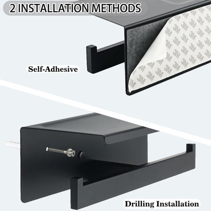 Alise Double Toilet Paper Holder,Bathroom Tissue Holder with Shelf,SUS304 Stainless Steel Toilet Paper Roll Holder Storage Dispenser,Self Adhesive or Wall Mount Drilling Paper Rack,Matte Black