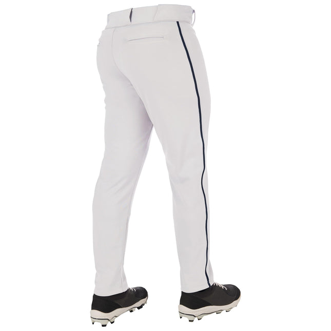 Pantalones de béisbol CHAMPRO Triple Crown 2.0 para niño con parte inferior cónica y trenza, color blanco y azul marino