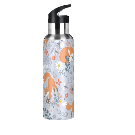 Fox Water Bottle Kids Fox Bottle with Straw Lid Cute Forest Animals Leakproof Insulated Stainless Steel Water Flask for Sport Gym Outdoor 20 oz