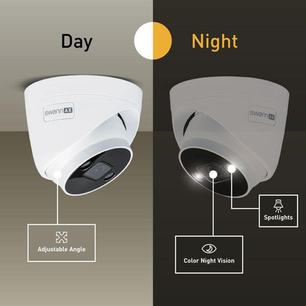 Caméra de sécurité dôme extérieure filaire 4K Swann AdvancedX™ PoE, vision nocturne en couleur, analyse/alertes vidéo IA intelligente, détection de mouvement avancée