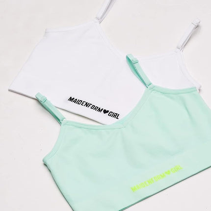 Maidenform Girls' Comfort Brami Bralette, 2 Pack Training Bra, Bleached Aqua/White, X-Large