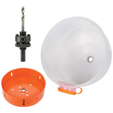Klein Tools 80156 Bi-Metal Hole Saw Set, 6-3/8-Inch Saw, 7/16-Inch Arbor with Pins, Dust Bowl, for Drywall Ceiling and Recessed Lighting, 3-Piece