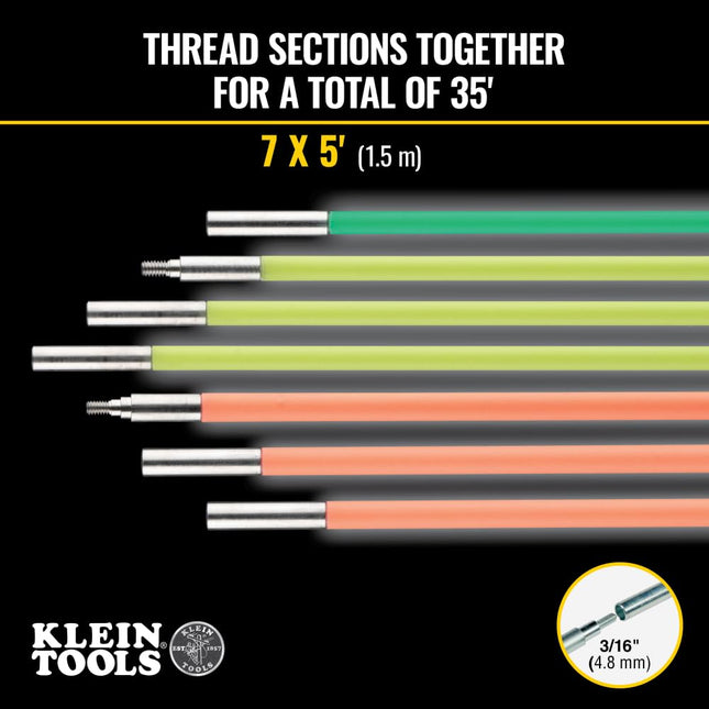 KLEIN TOOLS 50354 35-Foot Multi-Flex Glow Fish Rod Set, (4) Fiberglass Rods, Adapter, Bullet Nose, Hook Attachments, Splinter Guard Coating
