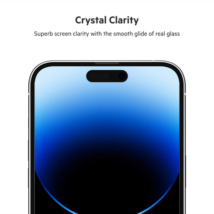 Protector de pantalla Belkin UltraGlass para iPhone 14 Pro Max, con tratamiento antimicrobiano, aplicación sencilla sin burbujas con bandeja de guía de instalación incluida, dureza 9H probada