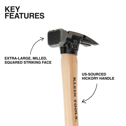 Klein Tools H80920H 20oz Straight Claw Frame Hammer Forged Steel Hickory Handle California Frame Style Magnetic Nail Starter and Extra Large Square Face