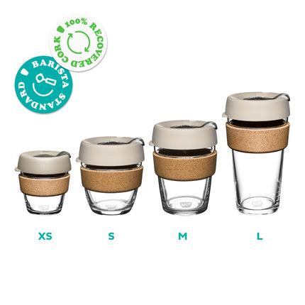 KeepCup Brew Cork, Reusable Tempered Glass Coffee Cup with Recovered Cork Band and Splashproof Lid, Barista Standard, BPA Free, Dishwasher Safe, 340ml 12oz Press