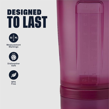 BlenderBottle Vaso mezclador con organizador de pastillas y almacenamiento para proteína en polvo, sistema ProStak clásico V2, 650 ml, color ciruela