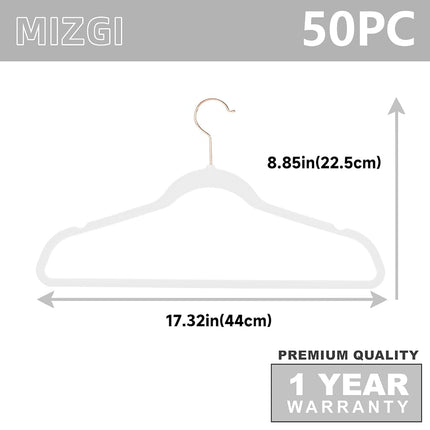 MIZGI Premium Velvet Hangers (50 Pack) Heavy Duty - Non Slip Felt Hangers - White - Rose Gold Swivel Hooks,Space Saving Clothes Hangers,Durable Strong Hangers for Suits,Coats,Dress