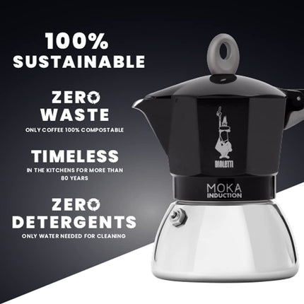 Bialetti New Moka Induction Induction Coffee Pot, 6 Cups, 280 ml, Aluminium, Black