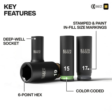 Klein Tools 65109IMPCTM KNECT Deep-Well 3/8-Inch Drive Impact Socket Set, Metric, 9-Piece Tool Set with Impact Driver Adapter, Multi-Purpose Wrench Adapter, Color-Coded, MODbox Socket Organizer