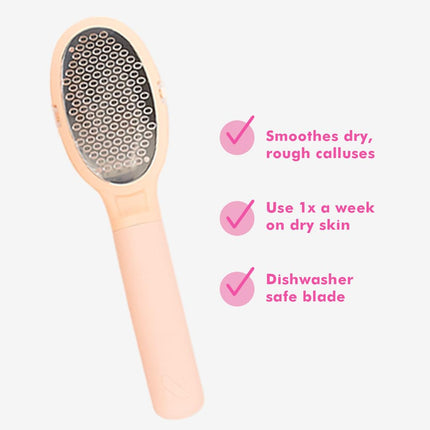Olive & June Foot File | No-Mess Pedicure Tool for Smooth, Soft Feet | Gently Removes Dry Skin & Calluses | Built-In Catch Tray | Use Weekly on Dry Skin | Easy to Clean & Dishwasher Safe