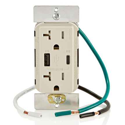 60W (20V@2.5A+ 5V@2A) USB Dual Type A/Type-C Power Delivery in-Wall Charger with 20A Tamper-Resistant Outlet, USB Charger for Smartphones, Tablets, Laptops, Light Almond