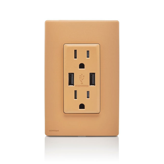 Leviton RUAA1-TC Renu Cargador USB/Receptáculo Dúplex Resistente a Manipulaciones, 15A-125VAC, Toasted Coconut