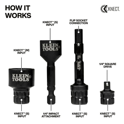 Klein Tools 65KADPS KNECT (S) Impact Socket Adapter Set, 4 Adapters for Ratchets, Impact Drivers and Flip Sockets, Fits 1/4-Inch Drive Tools, Compatible with KNECT (M) System