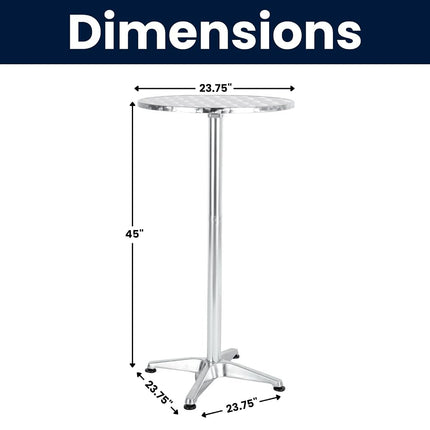 BTEXPERT Mesa redonda de aluminio para interiores y exteriores de 23.75", de altura de barra de restaurante de 45", muebles de patio de acero inoxidable plateado con base de 25.75", tablero abatible - Juego de 2