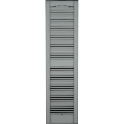 12"W x 25"H Lifetime Vinyl, Standard Cathedral Top Center Mullion, Open Louver Shutters, w/Installation Shutter-Lok's & Matching Screws (Per Pair), Platinum