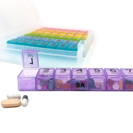 7 Times a Day Weekly Pill Box Organizer Case, Secure 7X Pillbox with Medication Schedule (7 Time-a-Day)