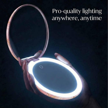 Fancii LED Travel Makeup Mirror, Rechargeable with 10x/1x Magnifying & 3 Light Settings - Compact, Portable, Large 123mm Wide Lighted Hand Mirror with Handbag and Purses (Marble Rose)