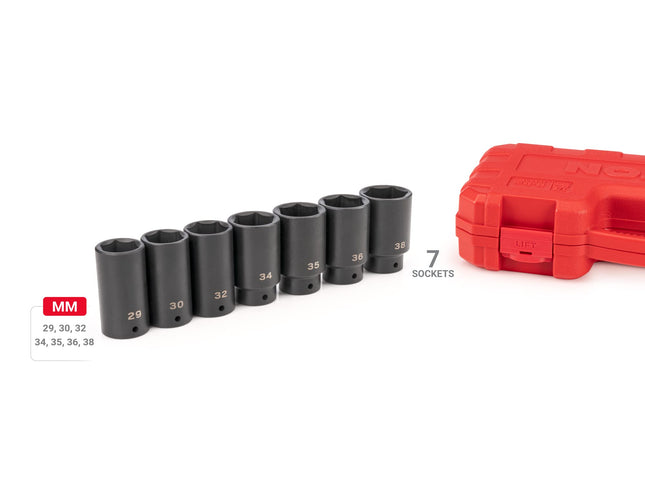 TEKTON 1/2 Inch Drive Deep 6-Point Axle Nut Impact Socket Set with Case, 7-Piece (29-38 mm) | SID92340