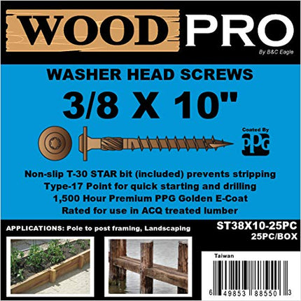 B&C Eagle WoodPro Fasteners ST38X10-25PC Vis à bois d'extérieur à tête ronde avec rondelle, 3/8 pouce par 10 pouces de longueur, paquet de 25
