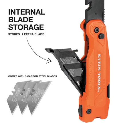 Klein Tools 44306 FLICKBLADE 2-in-1 Folding Utility Knife and Scraper, Built-in Blade Storage, Double Locking Position, Includes 3 Triple Ground Carbon Steel Blades