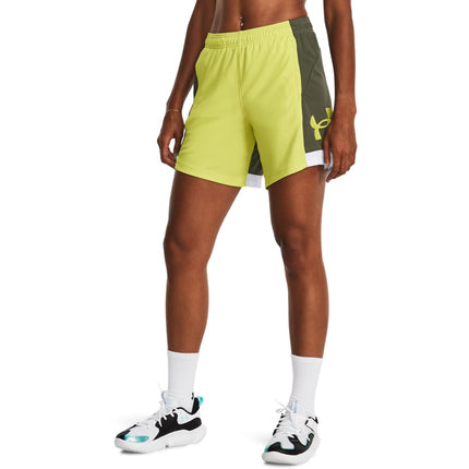 Short de basket Under Armour Baseline 6" pour femme, (743) Jaune Citron/Vert Olive Marine/Jaune Citron, XL