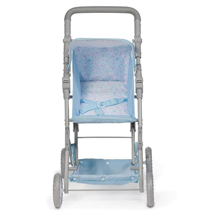 JC Toys - Folding stroller, for dolls up to 45 cm, Ideal for playing and walking, Blue with floral decoration, designed by Berenguer, +3 years