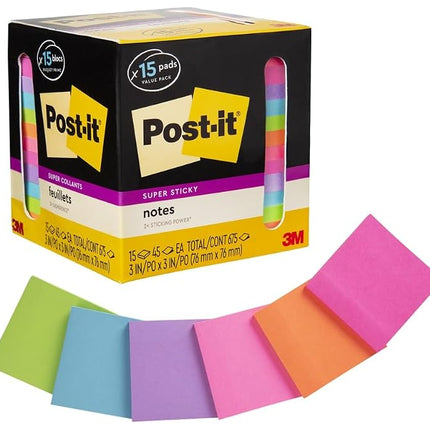 Super Sticky Notes, 3 in. x 3 in., Assorted Bright Colors, 45 Sheets/Pad, 15 Pads/Pack
