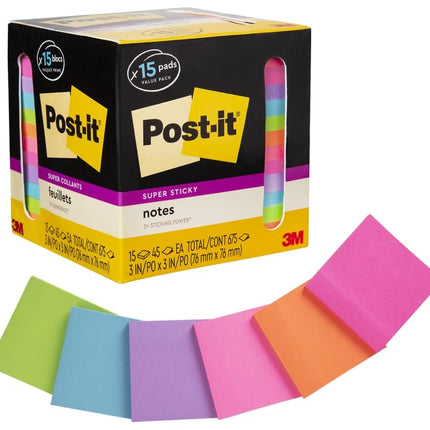 Super Sticky Notes, 3 in. x 3 in., Assorted Bright