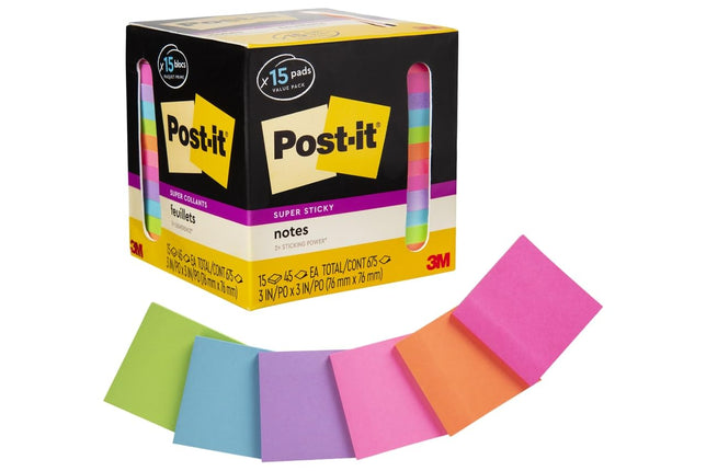 Super Sticky Notes, 3 in. x 3 in., Assorted Bright