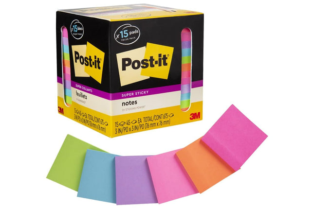 Super Sticky Notes, 3 in. x 3 in., Assorted Bright