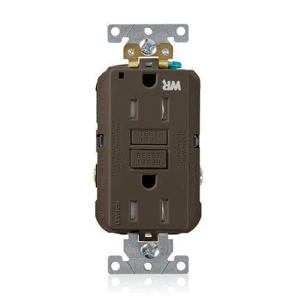 Leviton G5262-WT 15A-125V Prise double de disjoncteur différentiel auto-test avec protection contre les intempéries et le sabotage, de qualité industrielle très robuste, marron, 15 A