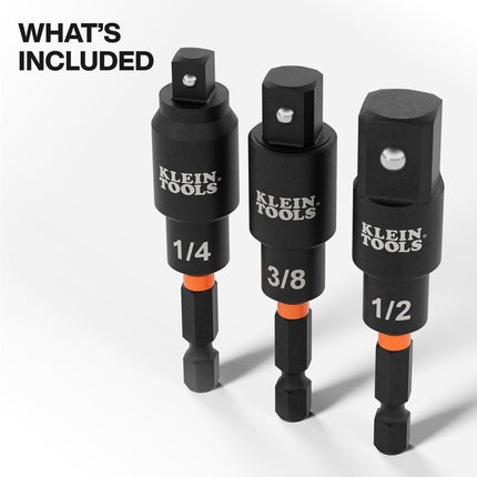 Klein Tools 65813SW 3-Piece Impact Driver Swivel Socket Adapter Set, 20-Degree Swivel, Impact-Rated Socket Extension, Ball Detent, High-Visibility