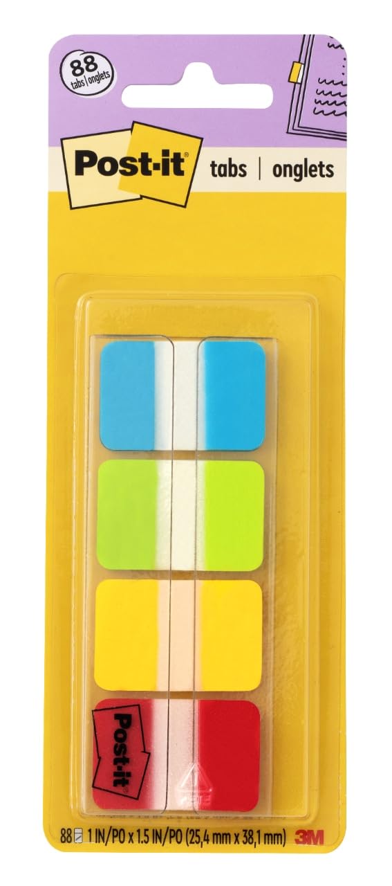 Post-it Tabs, 1 in Solid, Aqua, Lime, Yellow, Red,