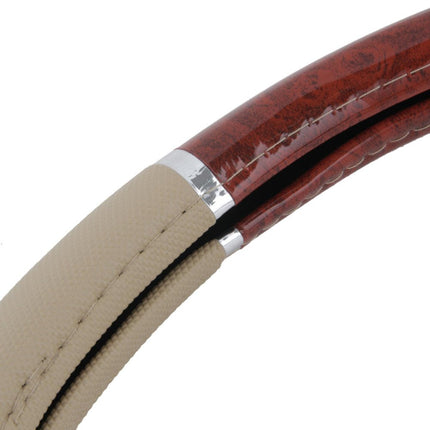BDK Cubre Volante de Coche de Imitación Grano de Madera Oscura, Estándar de 15 pulgadas con Agarre de Piel Sintética Beige, Hecho para Adaptarse a la Mayoría de Coches, Camiones, Furgonetas, SUV