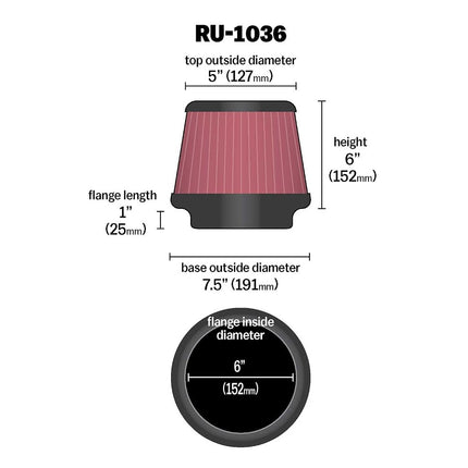K&N Universal Clamp-On Air Intake Filter: High Performance, Premium, Washable, Replacement Air Filter: Flange Diameter: 6 In, Filter Height: 6 In, Flange Length: 1 In, Shape: Round Tapered, RU-1036