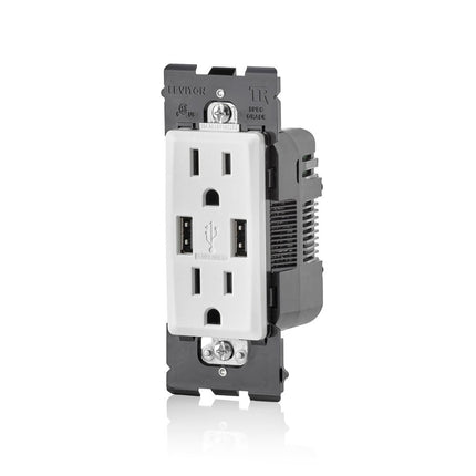 Leviton RUAA1-WW Renu USB Charger/Tamper-Resistant Duplex Outlet, 15A-125VAC, White, 15-Amp